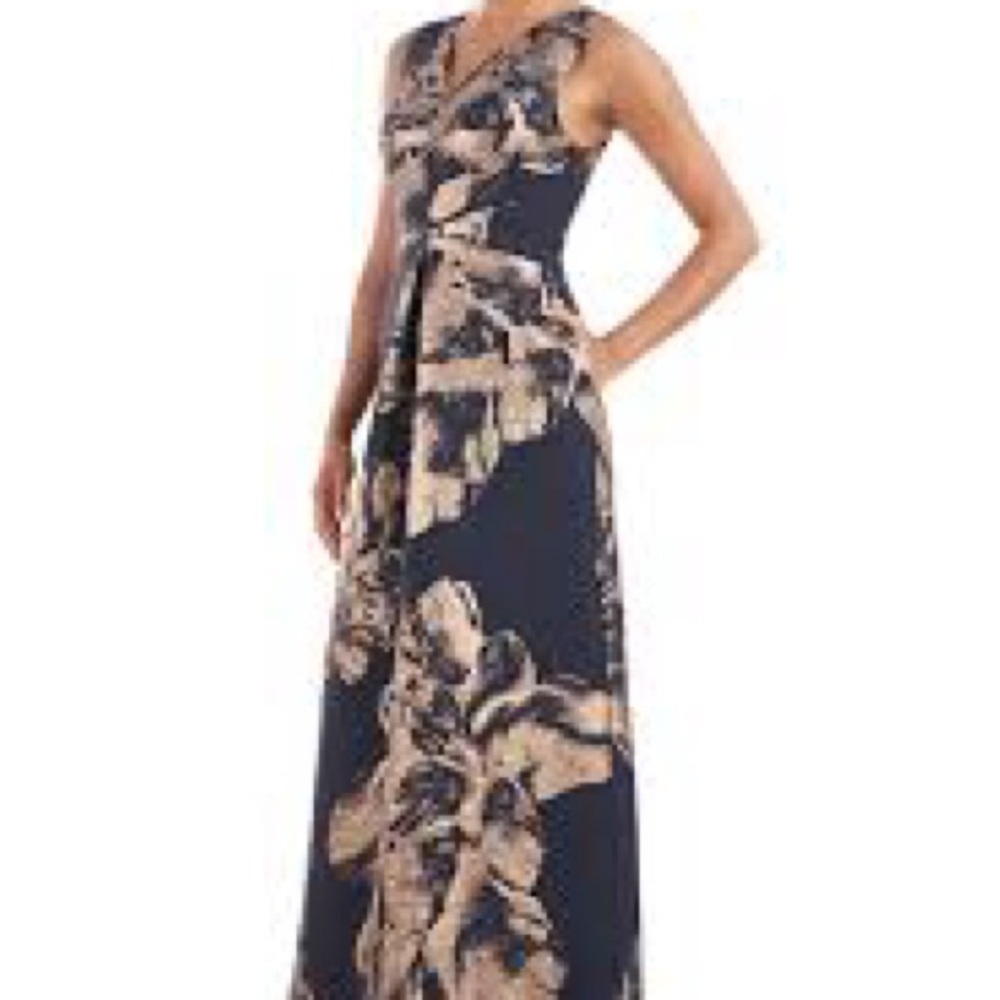 Kay Unger Navy and Bronze Floral Gown